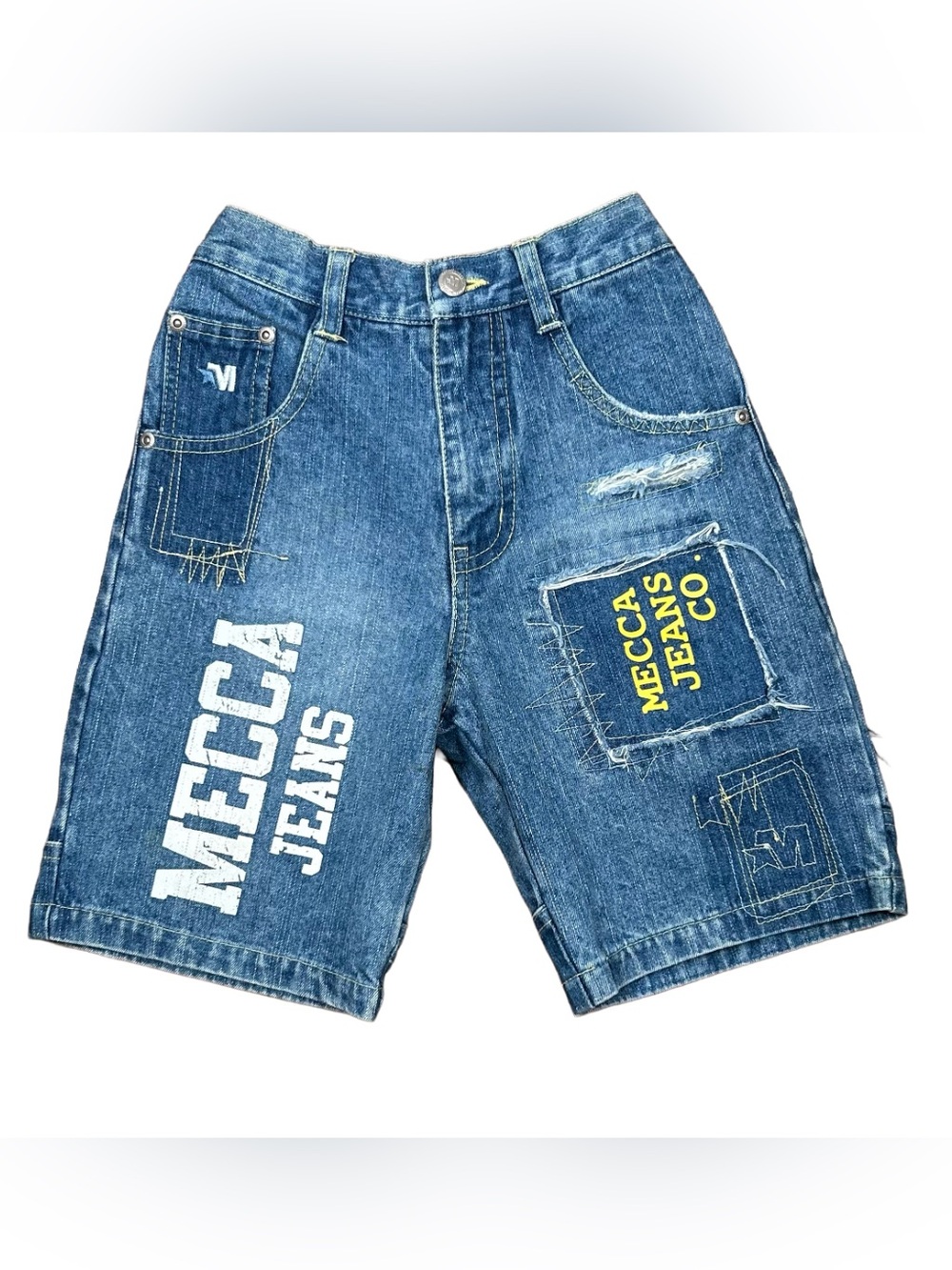 VINTAGE 90s Mecca Boys Graphic Distressed Summer Blue Denim Jean Shorts Sz 5